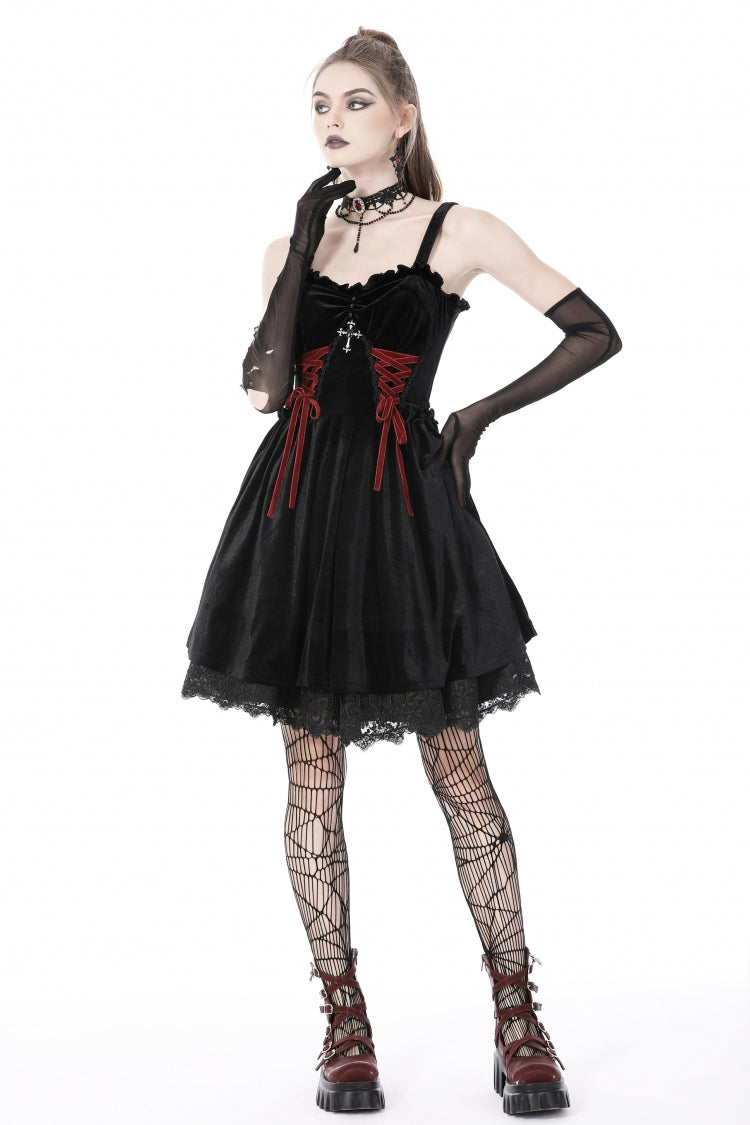Crimson & Black Cross Lace-Up Velvet Slip Dress