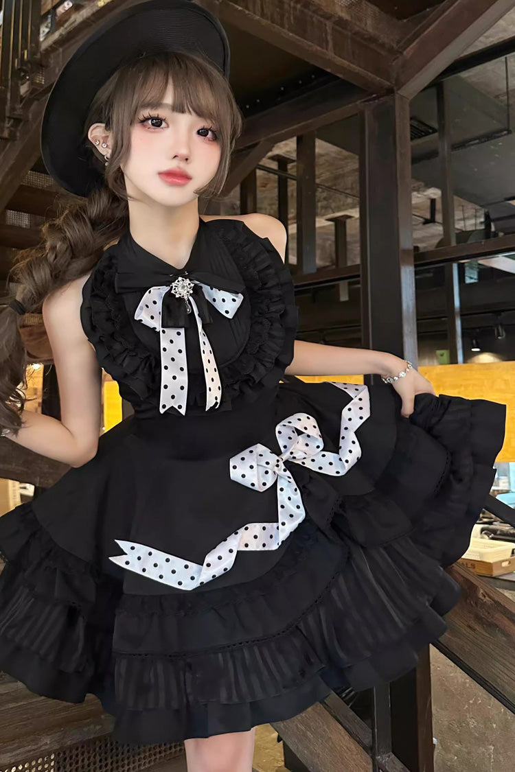 Polka Dot Gothic Lolita Dress with Bow and Ruffles, Black