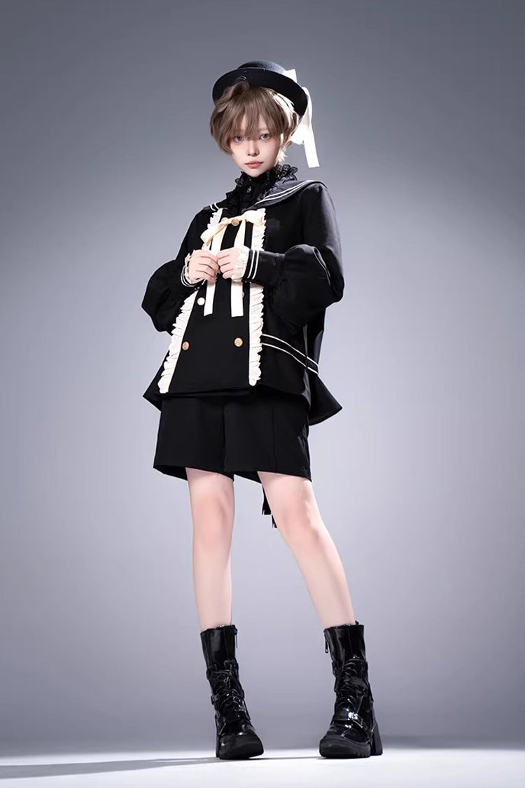 Navy-Collar Long-Sleeve Prince Ouji Short Coat Set in Black