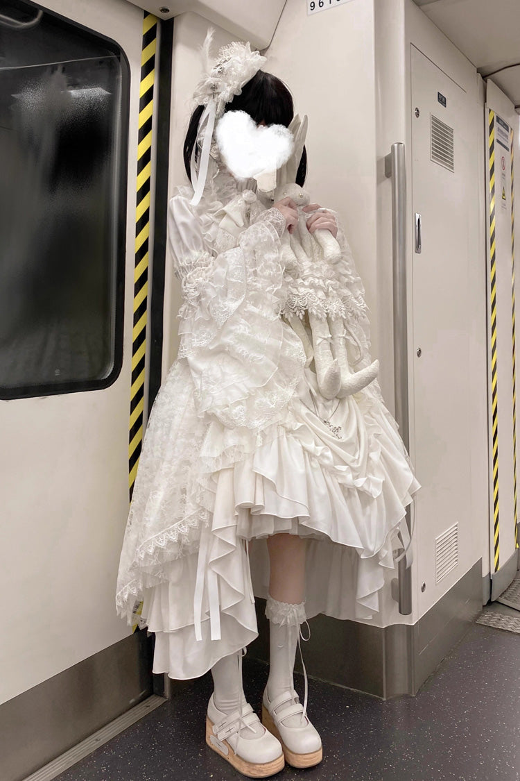 Ivory Long Hime Sleeve Ruffled Bow Gothic Skirt Dress Set