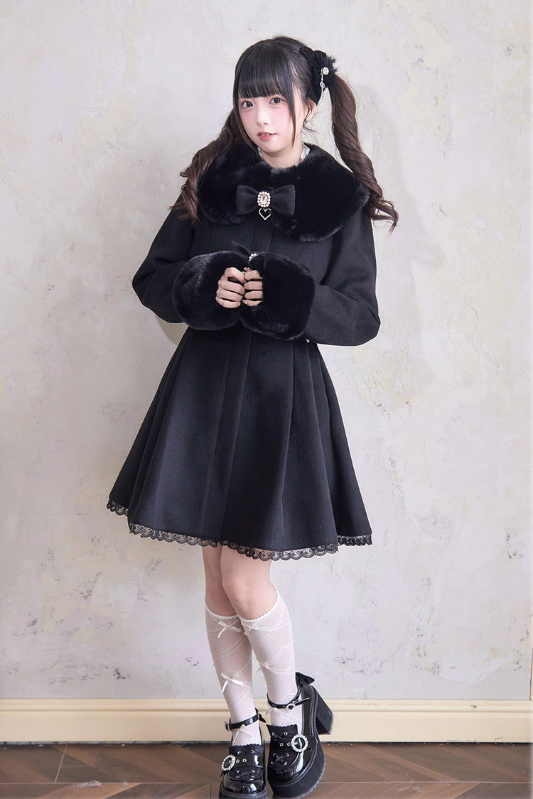 Plush Collar Waist-Cinched Long Sleeve Bow Lace Coat - Lolita Outerwear