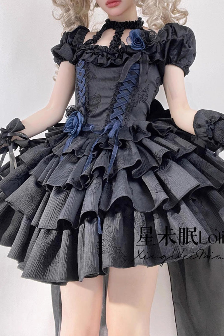 Romantic Black Multi-Layered Ruffle Bowknot Lace-Up Fishbone Short Sleeve Halter Gothic Lolita Gown