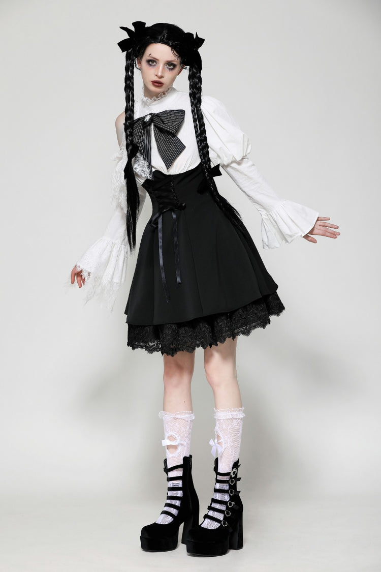Lace High Collar Asymmetric Long Trumpet Puff Sleeves Bowknot Gothic Short Dress