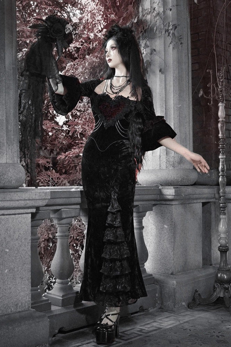 Square-Collar Embroidered Mermaid Gothic Dress in Black