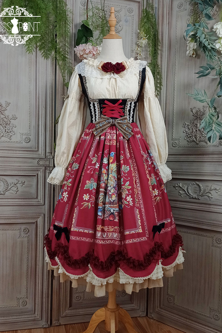 Wine Red Velvet Classic Lolita JSK Dress with Berries and Birds Print Ruffle Bowknot