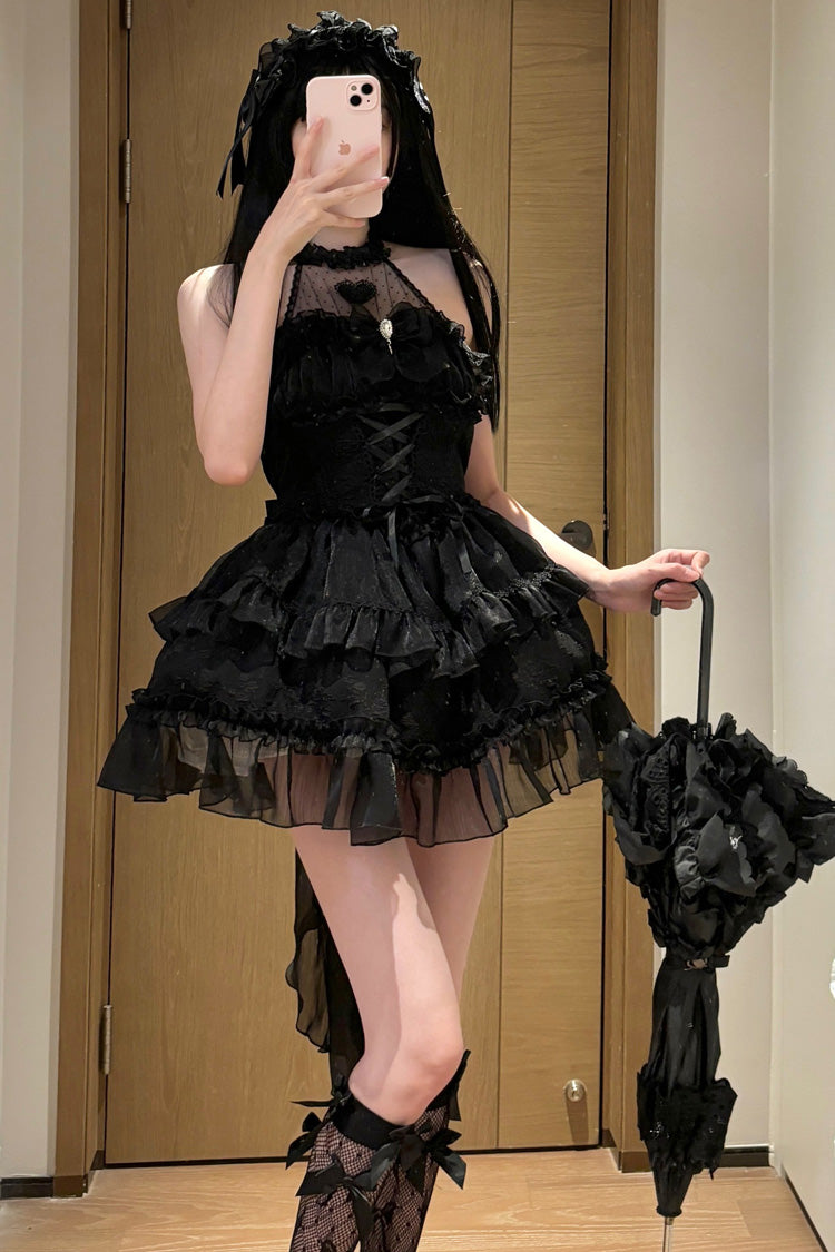 Black Gothic Lolita JSK Halterneck Triple Layered Bowknot Lace