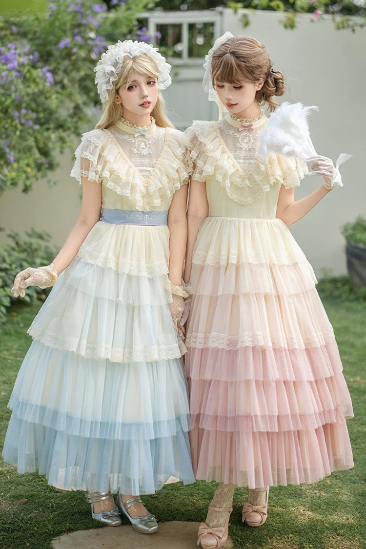 Sweet Lolita Dress with Edwardian Collar and Ombre Ruffles - Blue