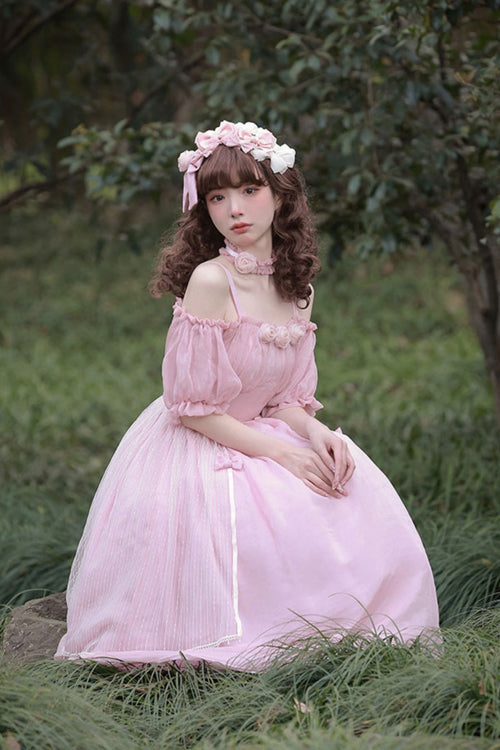 Boat Neck Bubble Short Sleeve Blossom-Adorned High-Waist Girly Lolita Dress