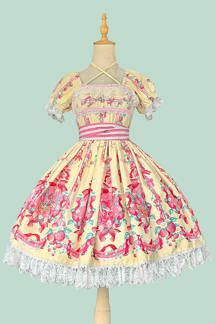Printed Bowknot Lace Sweet Dress with Short Sleeves - Strawberry Chef