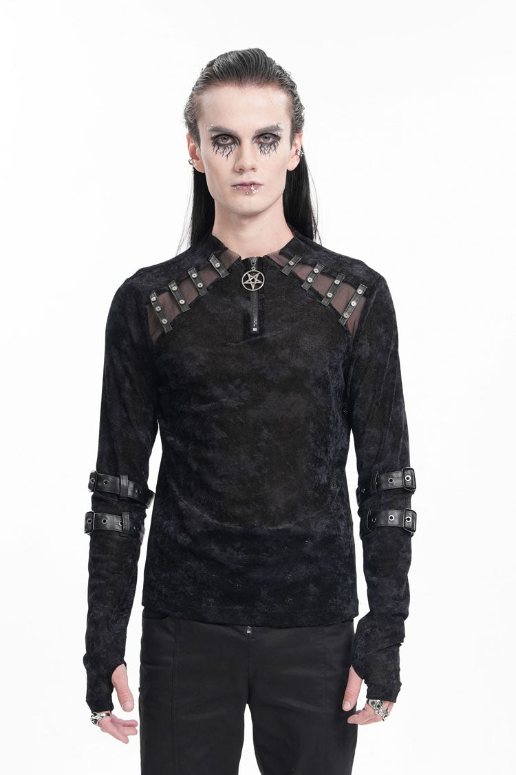 Midnight Crewneck Long-Sleeve Buckle Star Studded Gothic Tee for Men