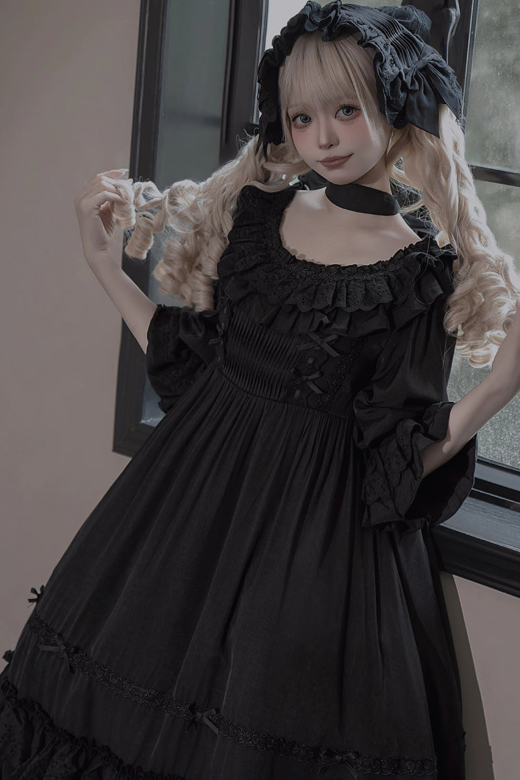 Black Good Morning Short Sleeved Ruffled Bow Lace-Up Gothic Lolita Dress