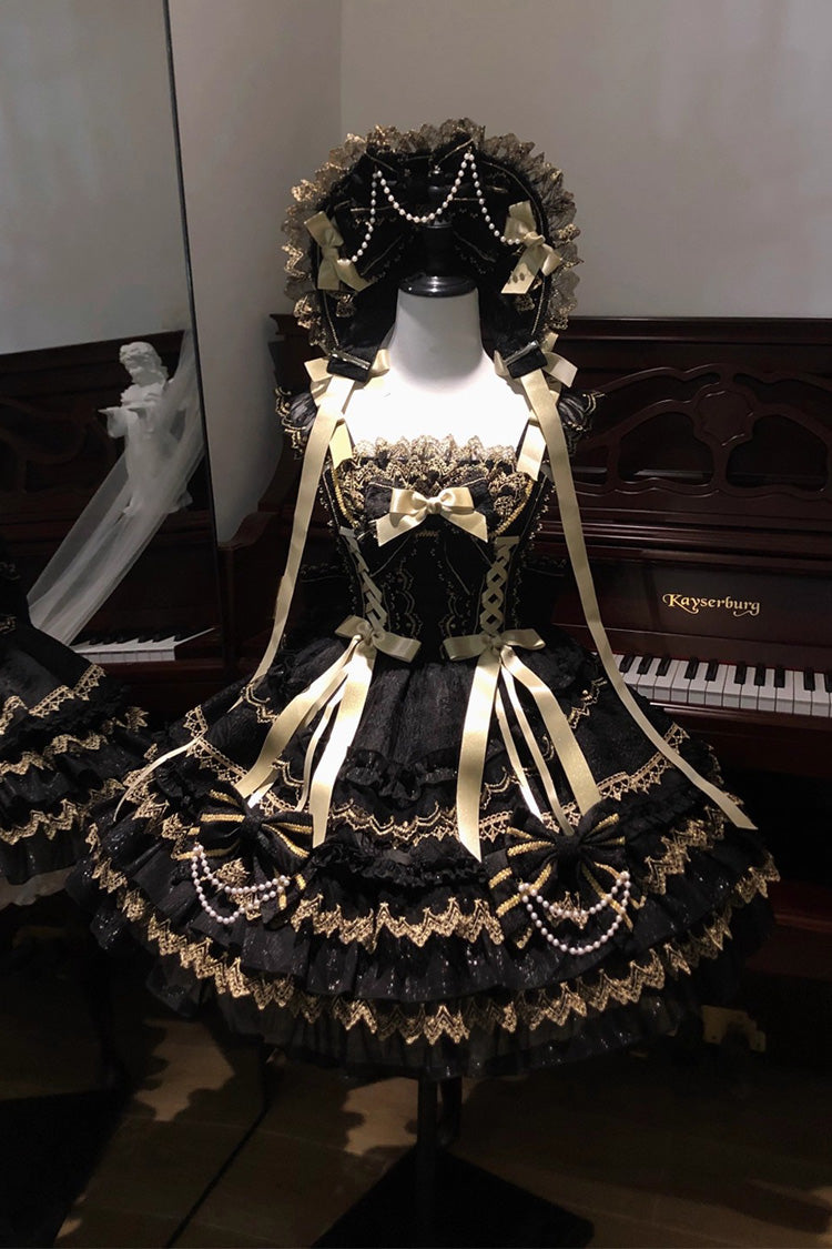 Black Gilded Memories Sleeveless Double-Layered Ruffle Hot Stamping Bowknot Lace Sweet Lolita Jsk Dress