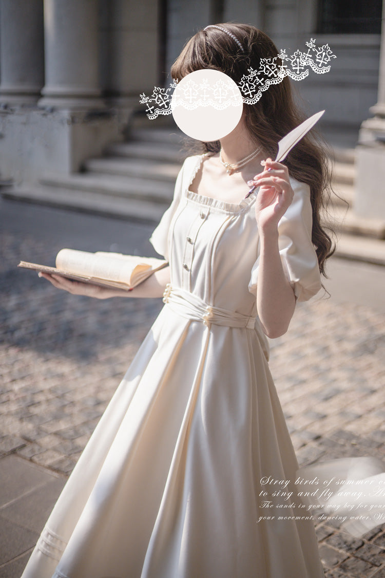 Apricot Classic Vintage Lolita Dress with Square Collar Short Sleeves and Ruffle Trim