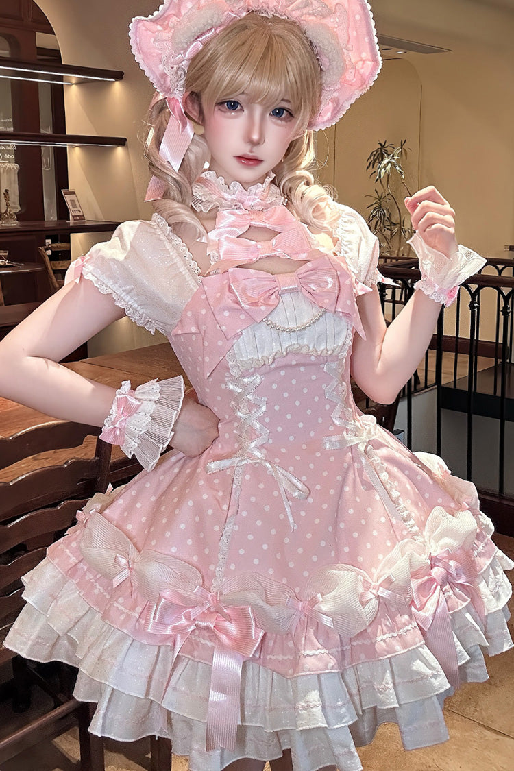 Pink Halter Polka Dot Bow Lace-Up Lolita Gown