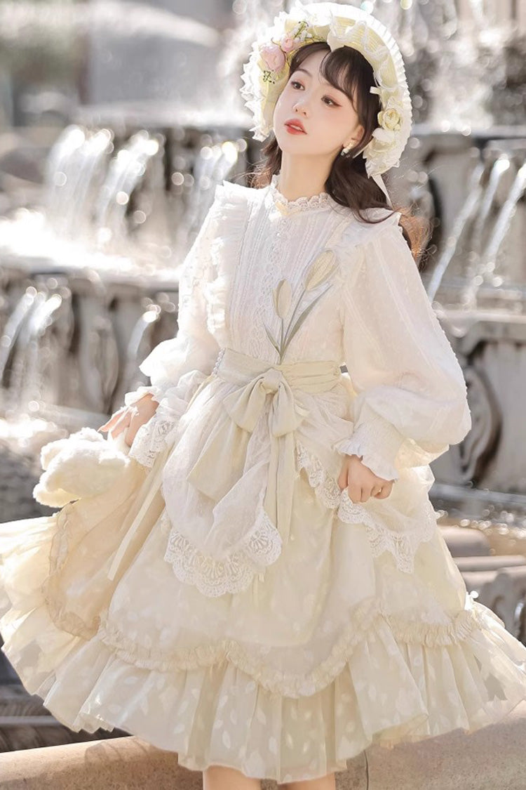 Ivory Mandarin Collar Long Sleeve Print Ruffled Sweet Lolita Gown