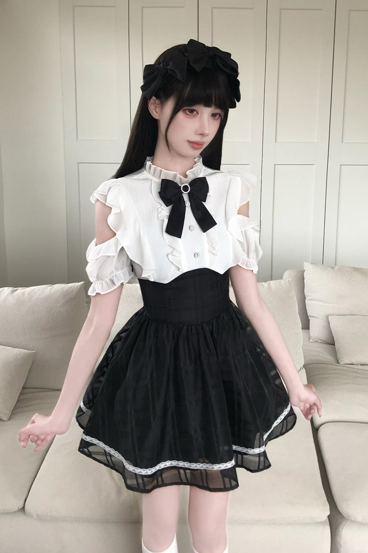 Moonlit Poem Stand Collar Off Shoulder Short Sleeves High Waisted Ruffled Bow Lace Sweet Princess Lolita Dress - Black/White
