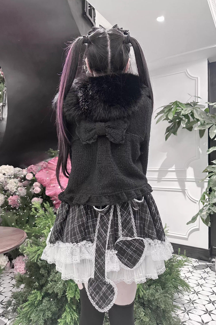 Black Bow-Trimmed Wool-Blend Gothic Jirai Kei Short Jacket