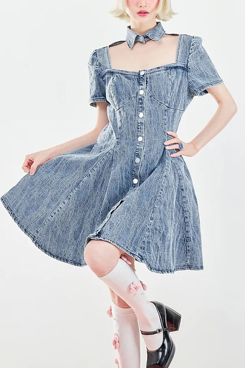 Azure Denim Sweet OP with Single-Breasted Ruffled Sleeves