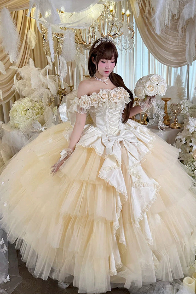 Apricot Sweet Lolita JSK Long Dress with Ruffled Hanayome Bow Lace-Up and Sleeveless Design