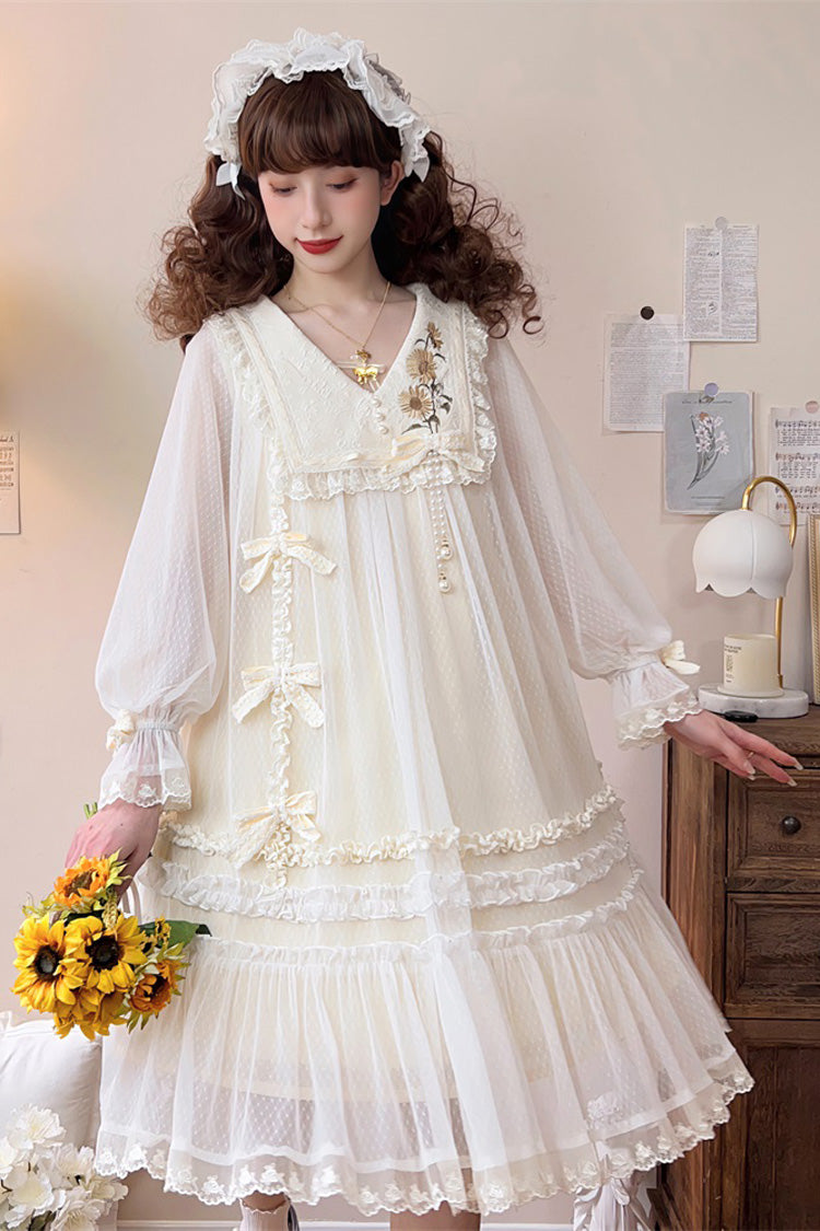 Ivory Sweet Princess Lolita Dress with Lace Embroidery Ruffled Bowknot - Sunflower Diary