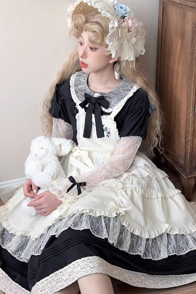 Lapel Collar Long Sleeve Embroidery Bow Lace Sweet Lolita Dress - Black