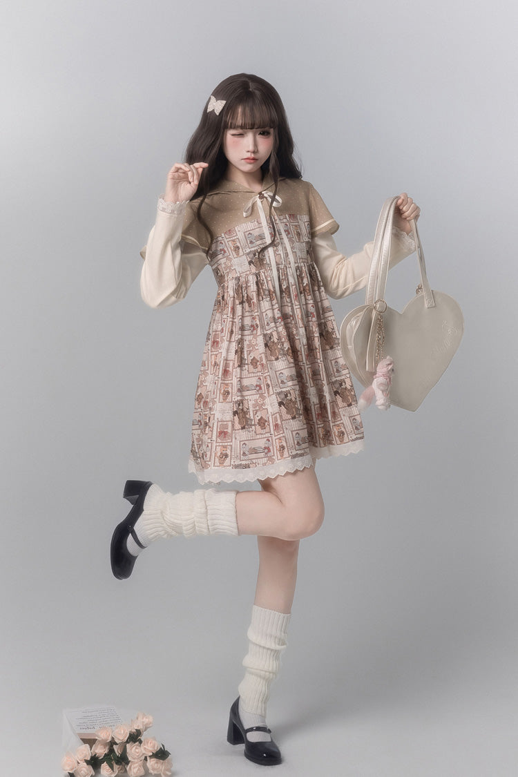 Bear Stamp Long Sleeve Printed Hooded Sweet Dress