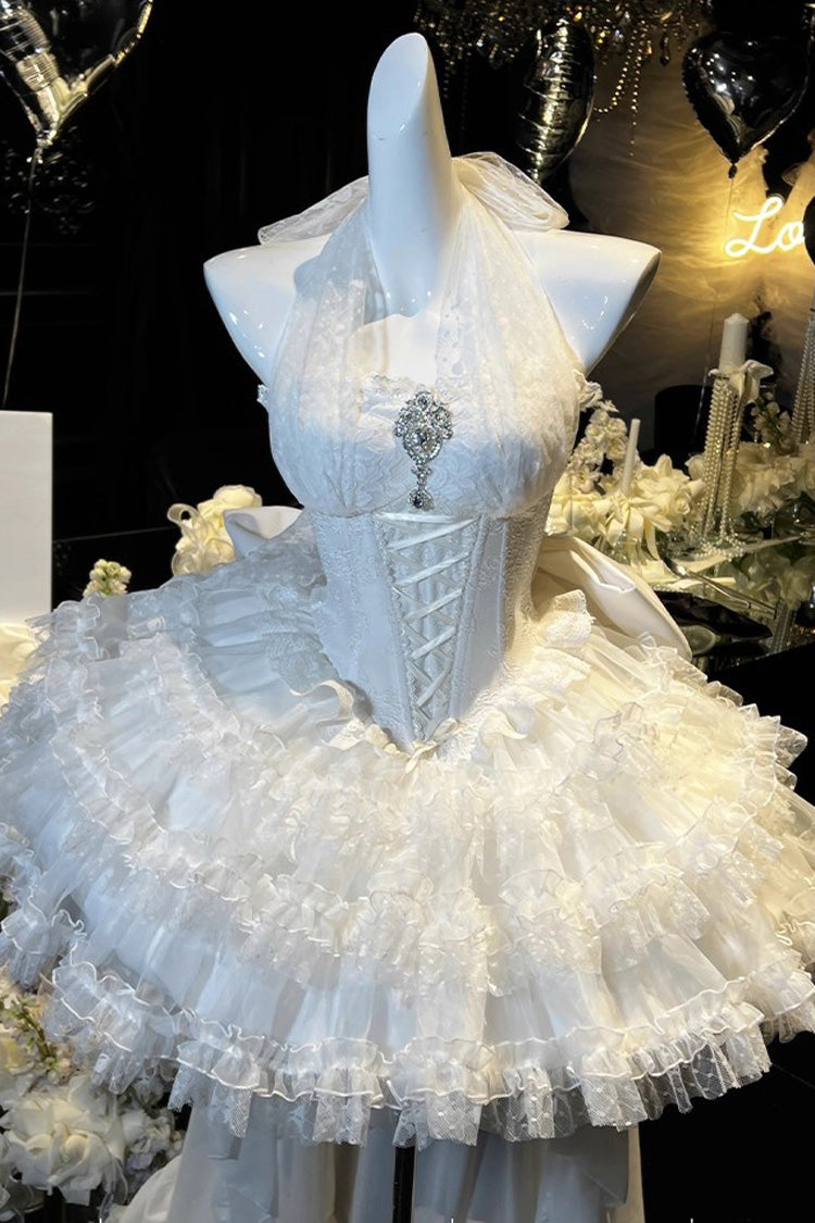 Ivory Princess Dress with Halter Neck and Triple Ruffle Trim - Dream