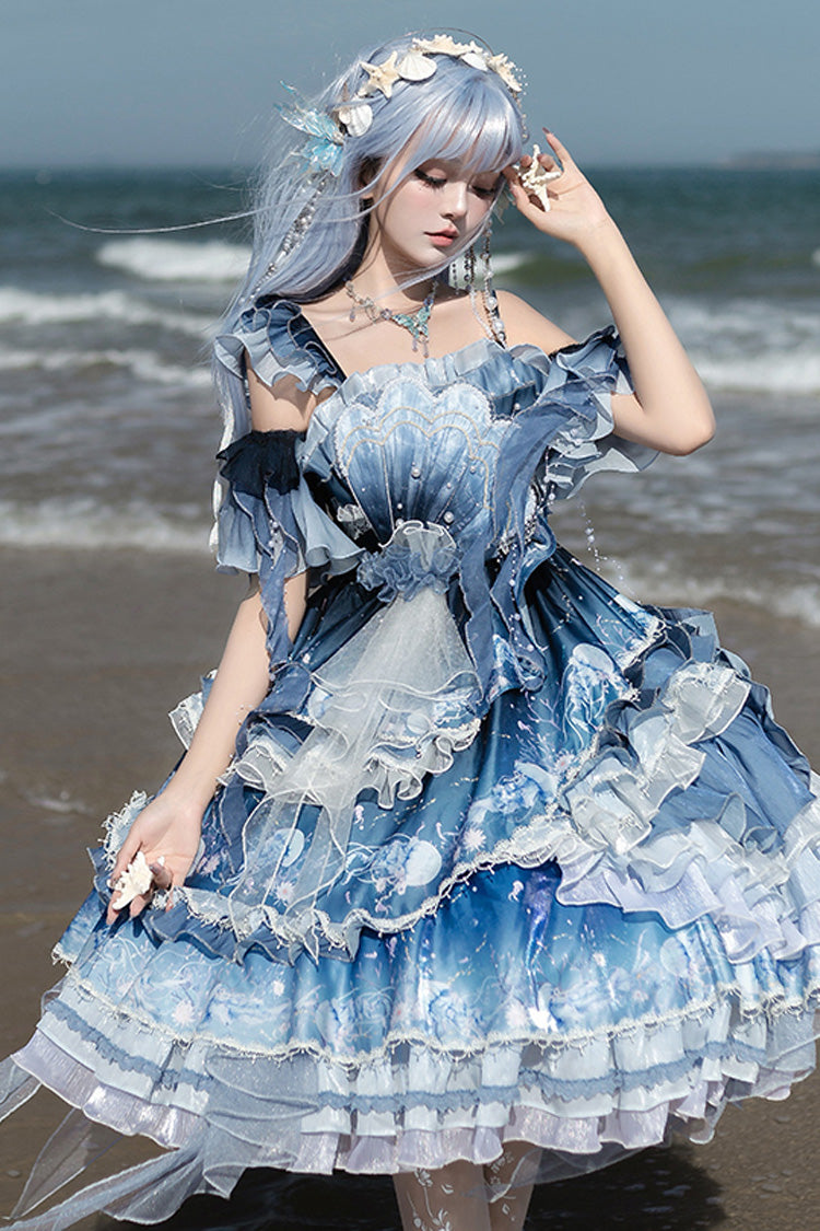 Blue Gradient Lace Embroidery Bowknot Asymmetric Elegant JSK Dress