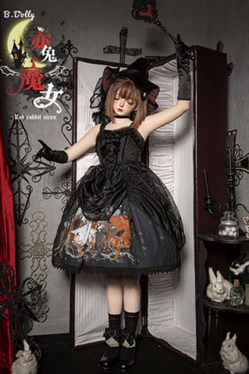 Gothic Lolita High-Waisted Witch Style Black Lace Organza Ruffled JSK Frocks