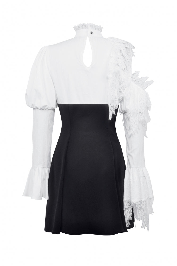 Black/White Asymmetric Puff Sleeve Gothic Mini Dress