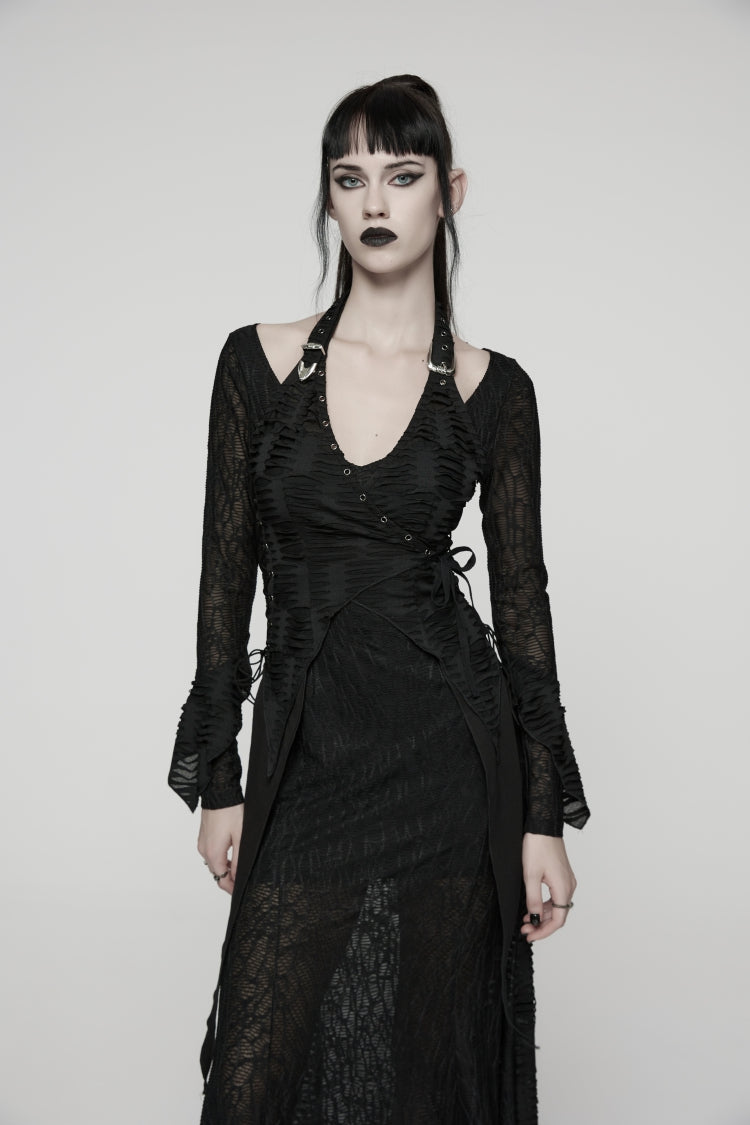 Off Shoulder Halterneck Long Trumpet Sleeves Lace Lace-Up Gothic Punk Dress