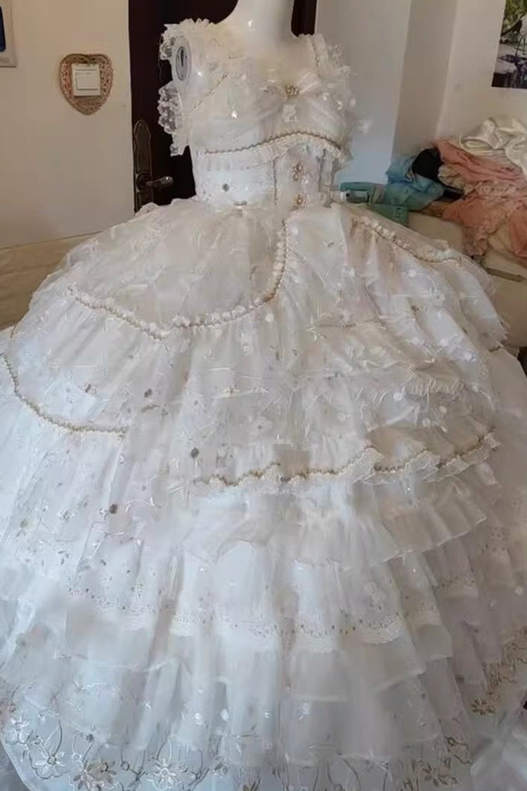 Ivory Chiffon Gown with Layered Ruffles and Bow Accents - Dreamy Waltz