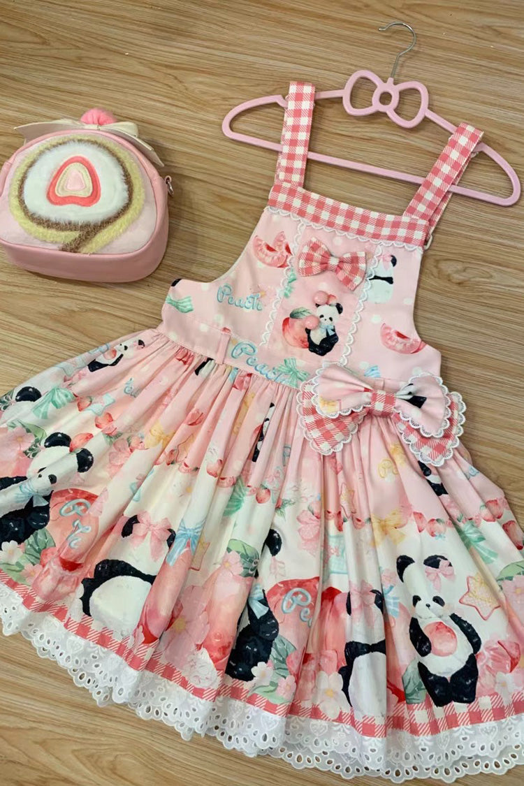 Panda Peach Printed Bow Sweet Lolita Strap Dress