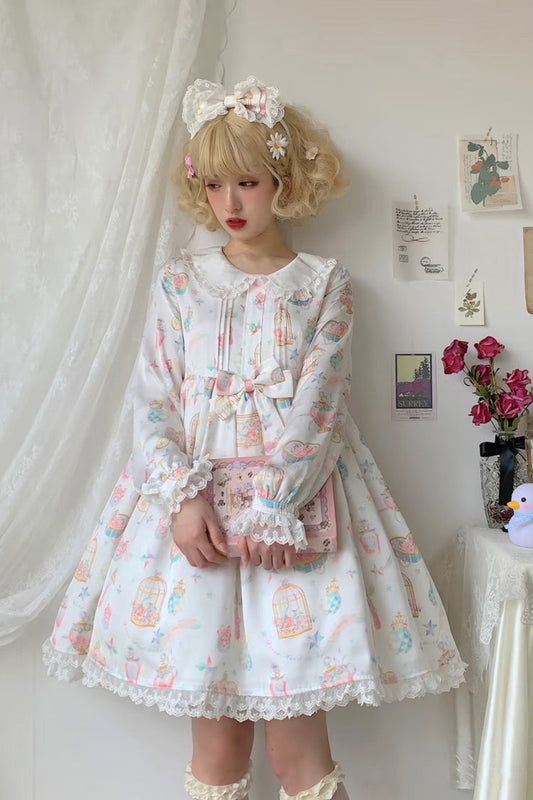 White Apricot Long Sleeve Print Bow Lace Sweet Plus Size Lolita Dress