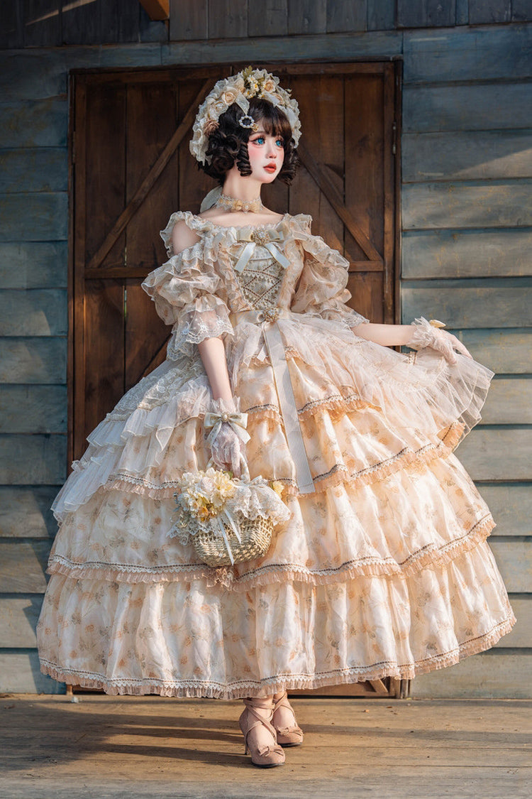 Yellow Off-Shoulder Princess Dress with Ruffle Print