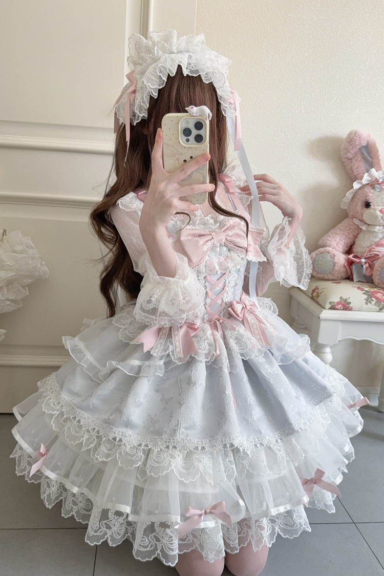 Blue Ballet Lace Ruffle Sleeveless Bowknot Sweet Jsk Dress - Fleishi Island