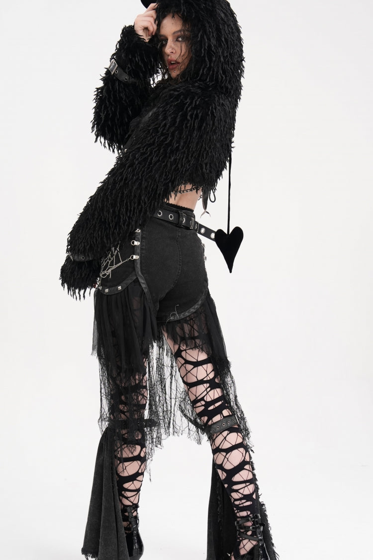 Gothic Shorts with Ripped Mesh Hem and Chain for Women