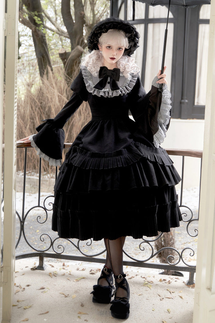 Long Hime-Sleeve Ruffled Bow Gothic Dress in Black