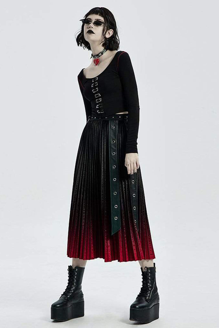 Sable Crewneck Long-Sleeve Front Metal Square Eyelets Fitted Punk Tee for Women