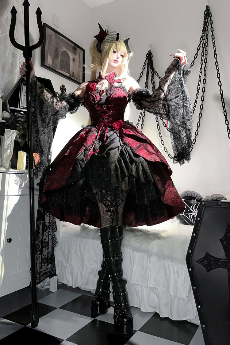 Red Ruffle Embroidery Cardigan Bow Lace Up Gothic Lolita Jsk Dress