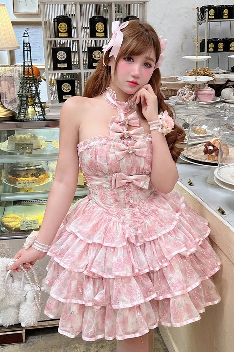 Pink Halterneck Sleeveless Multi Layer Bow Sweet Tiered Dress - Broken Silver Rose