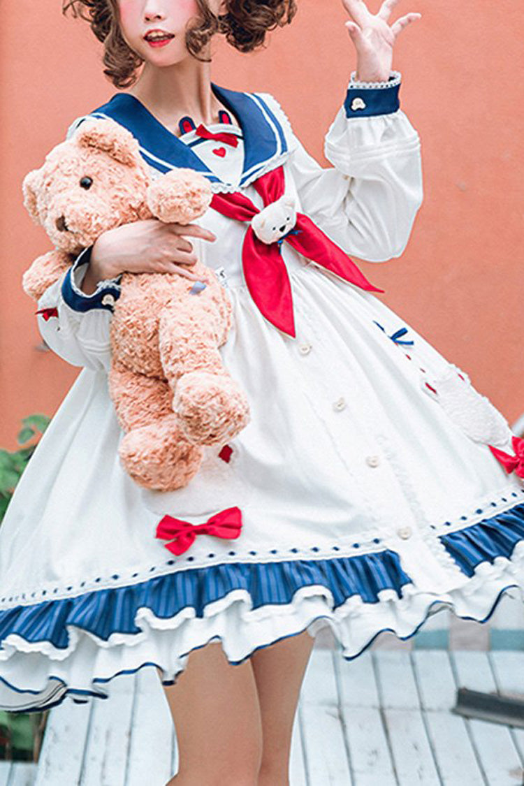 White Sweet Lolita OP Dress with Navy Collar and Bear Print Ruffles - Altfashion Shop