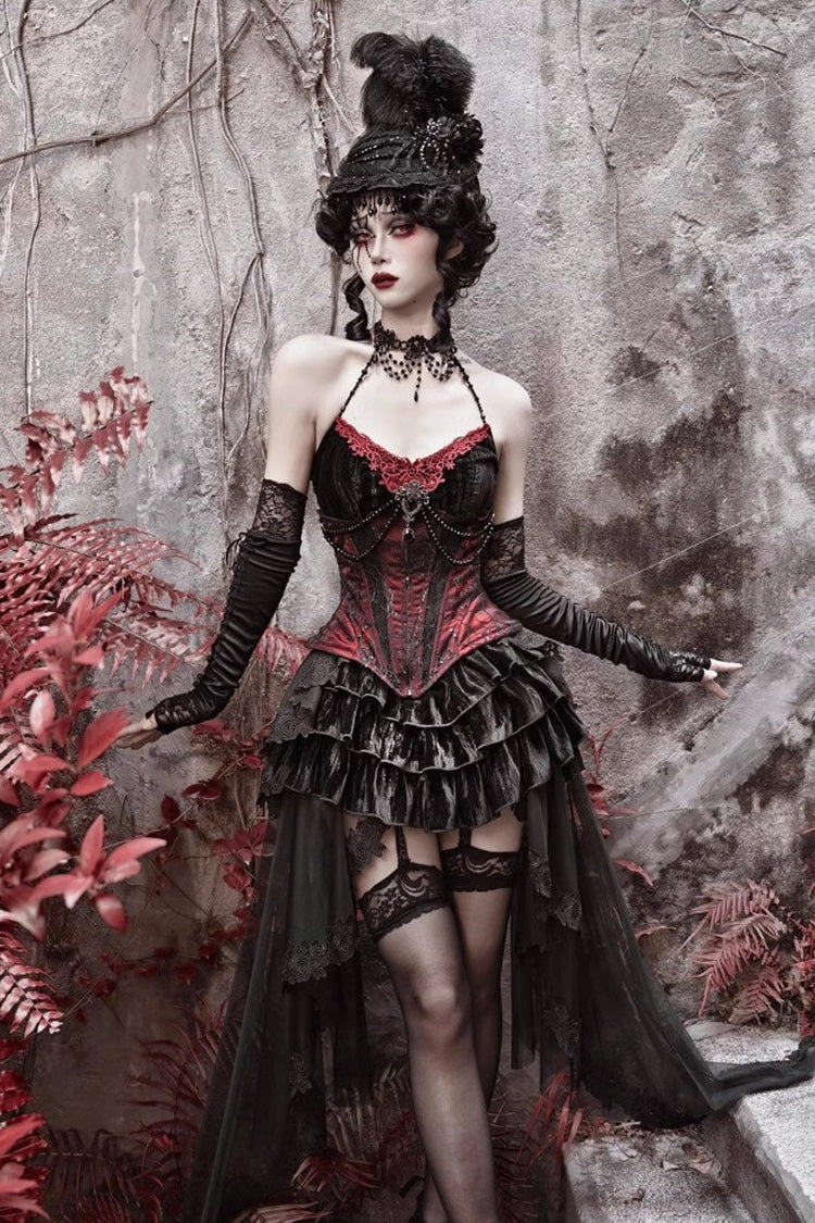 Crimson & Black Rococo Boned Bustle with Ruffled Layers