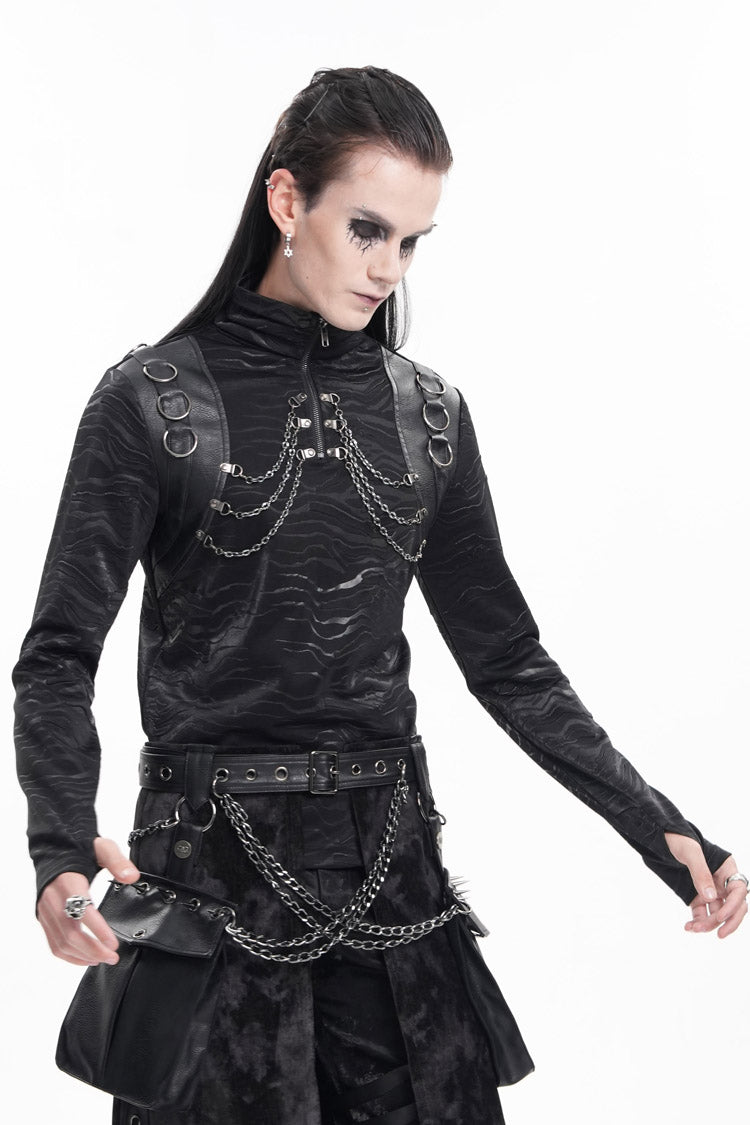 Stand Collar Long Sleeve Gothic Tee with Chain Rings for Men