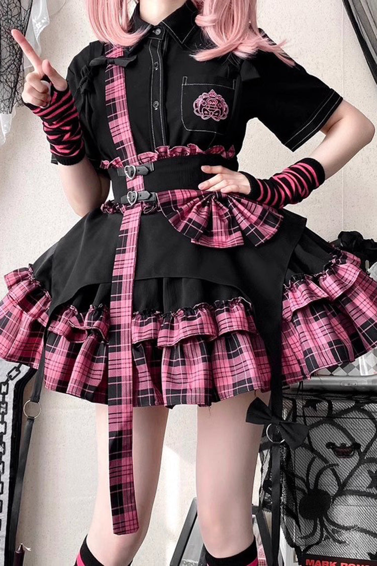 Plaid Print Lolita Skirt with Bowknot, Ruffles, Dark Girl Style