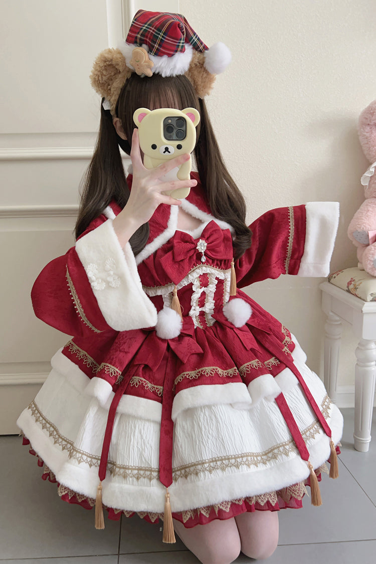 Sweet Two-Piece Dress with Ruffle Sleeves in Red