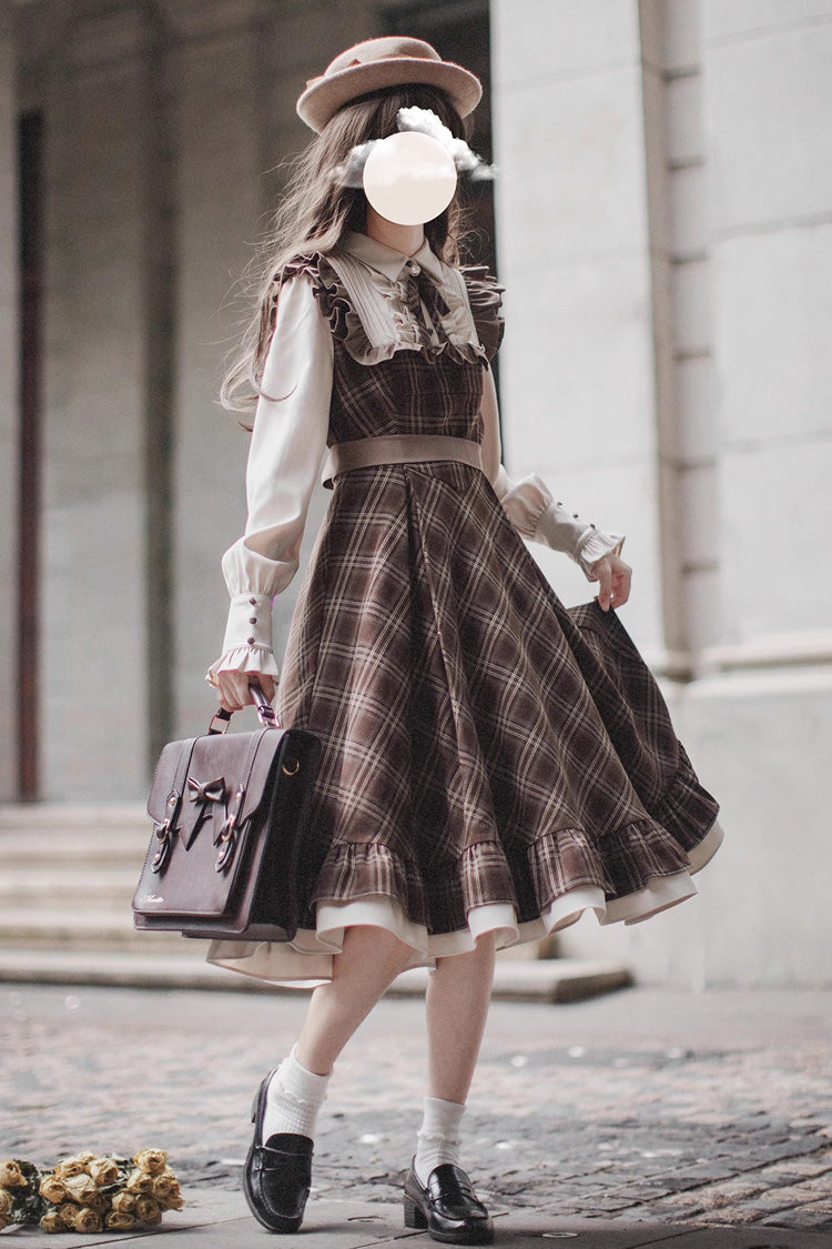 Brown Print Long Sleeve Fake Two Piece Vintage College Dress - The Thames at Dusk
