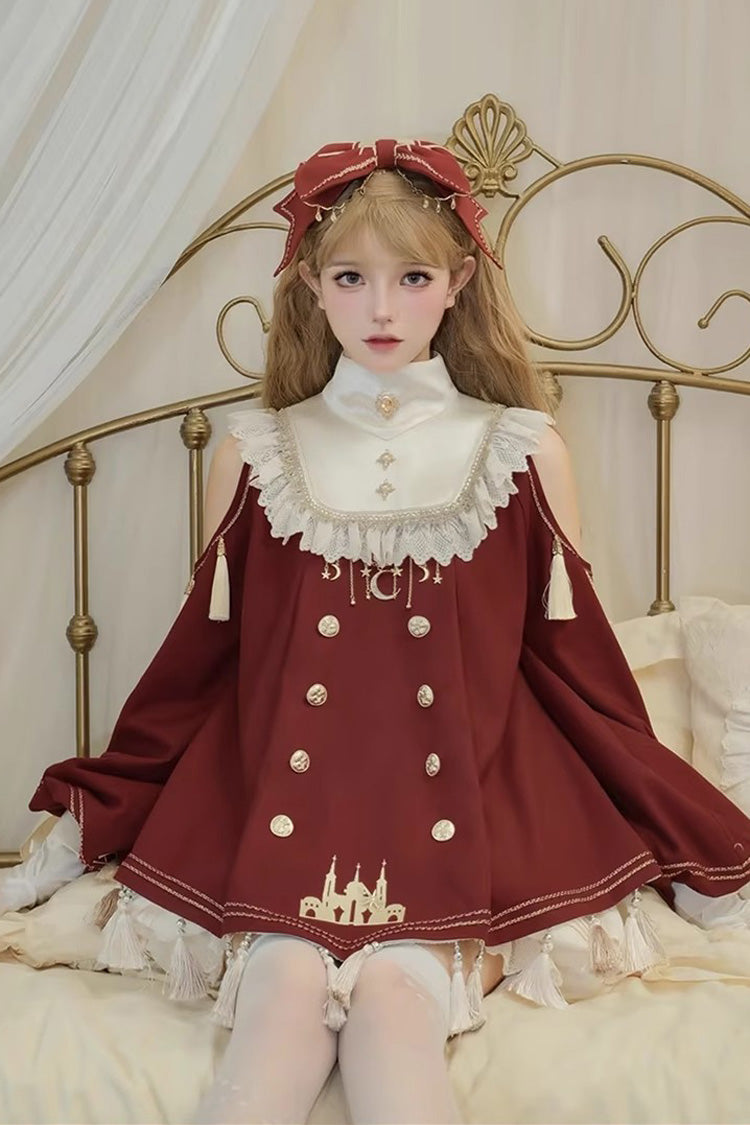 Crimson Starry Night Gown with Ruffled Sleeves and Embroidery