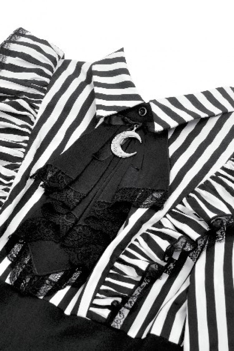 Striped Lapel Collar Long Sleeves Moon Lace Bow Ruffled Pleated Gothic Dress