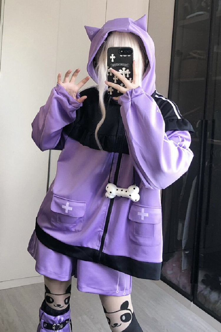 Orchid Cat-Ear Hooded Jirai Kei Shorts Jacket Set